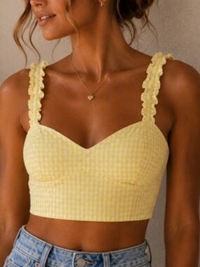 Zara Yellow Gingham Ruffle Strap Crop Top- XS
